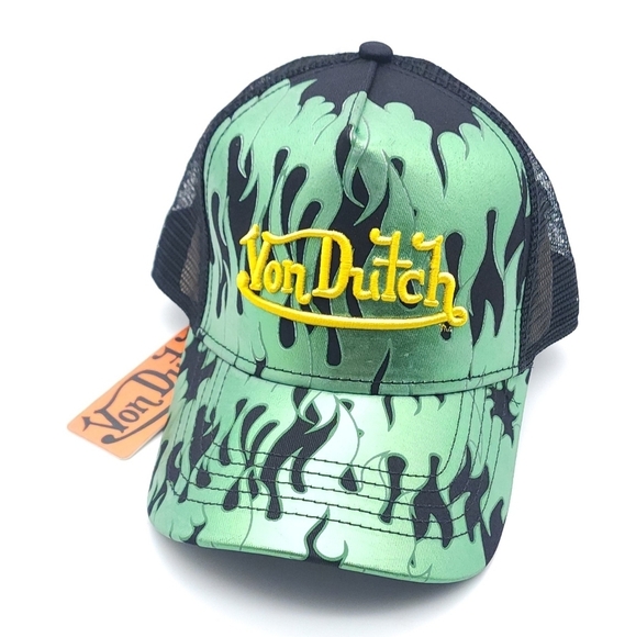 Von Dutch CITY OF ANGELS GREEN Flames Embroidered TRUCKER Hat Brand New - Picture 2 of 12